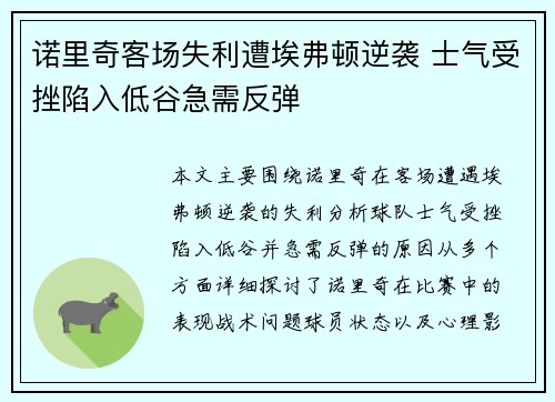 诺里奇客场失利遭埃弗顿逆袭 士气受挫陷入低谷急需反弹